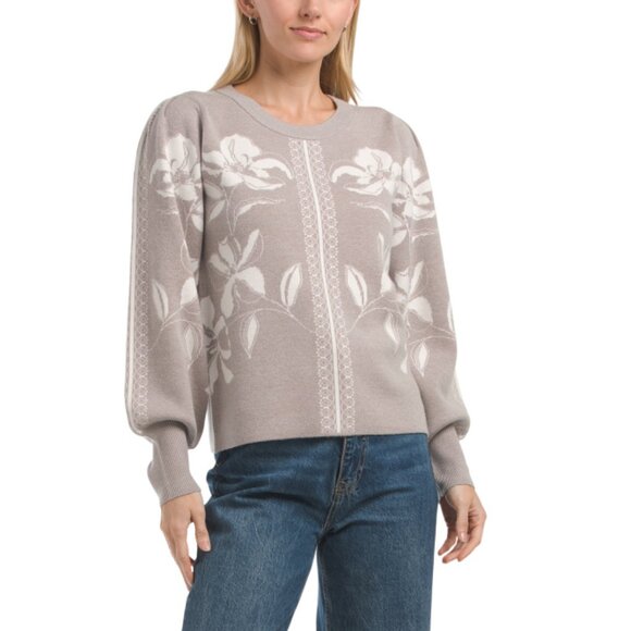 TAHARI Ivory/grey Double Knit Floral Femme Sweater - Picture 1 of 2
